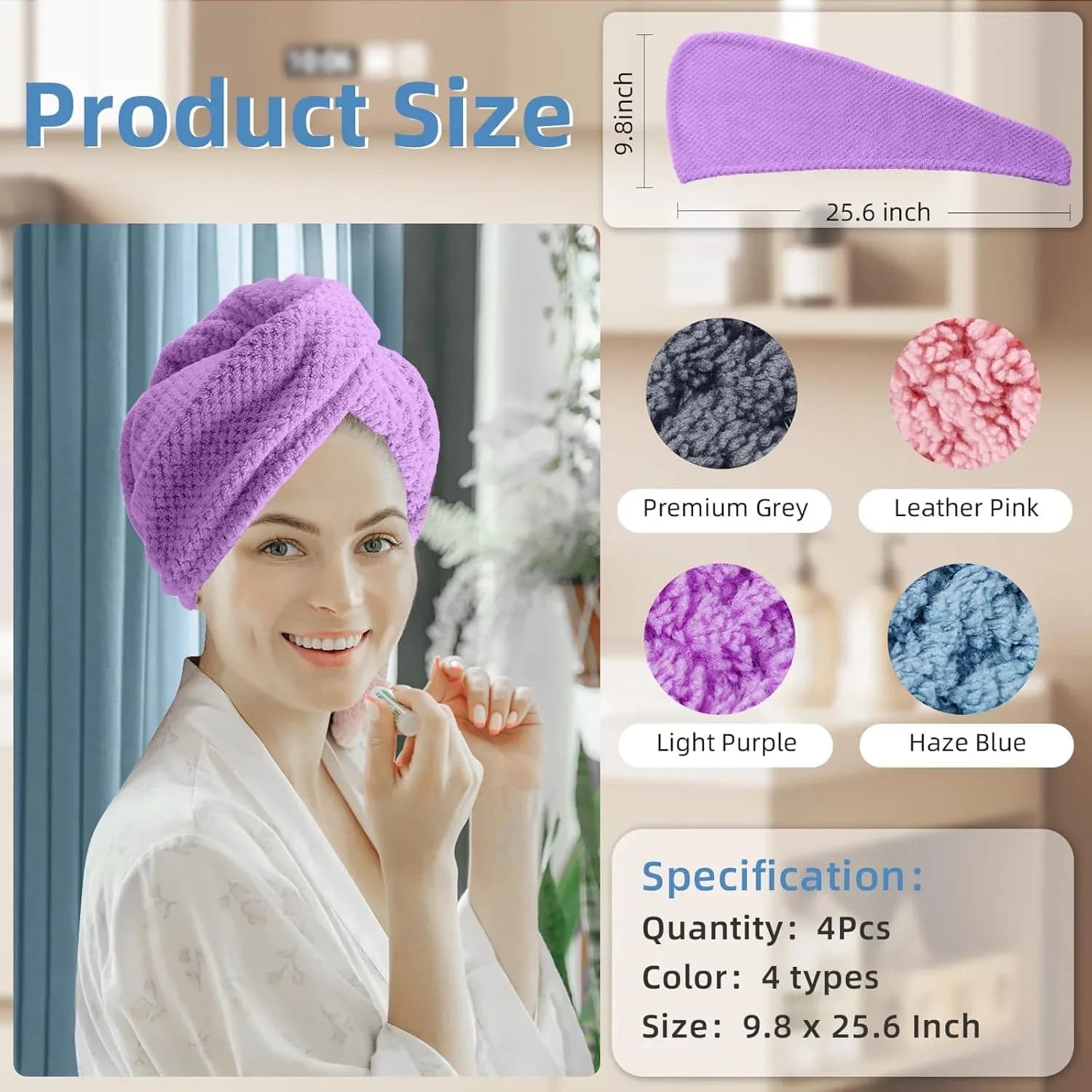 Hair Towel Wrap 4 Pack Quick Dry Turban for Curly and Long Hair Women Bathroom Shower Use Multi Color, Daily Comfort Use