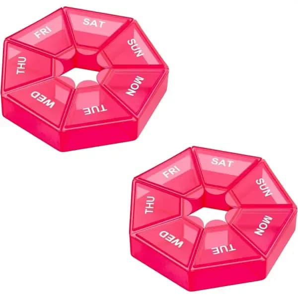 Weekly Pill Organizer 2 Pack Portable Pill Box Case, Seven-Day New Edition with 6 Color Design, Red, Secure Snap Lid