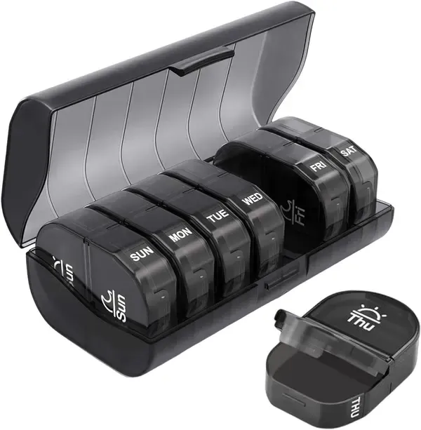Weekly Dosette Dosing Box with Two Compartments Per Day and Carry Case, 7 Daily Boxes, BPA-Free Plastic, 14.5 x 8 x 4.2 cm