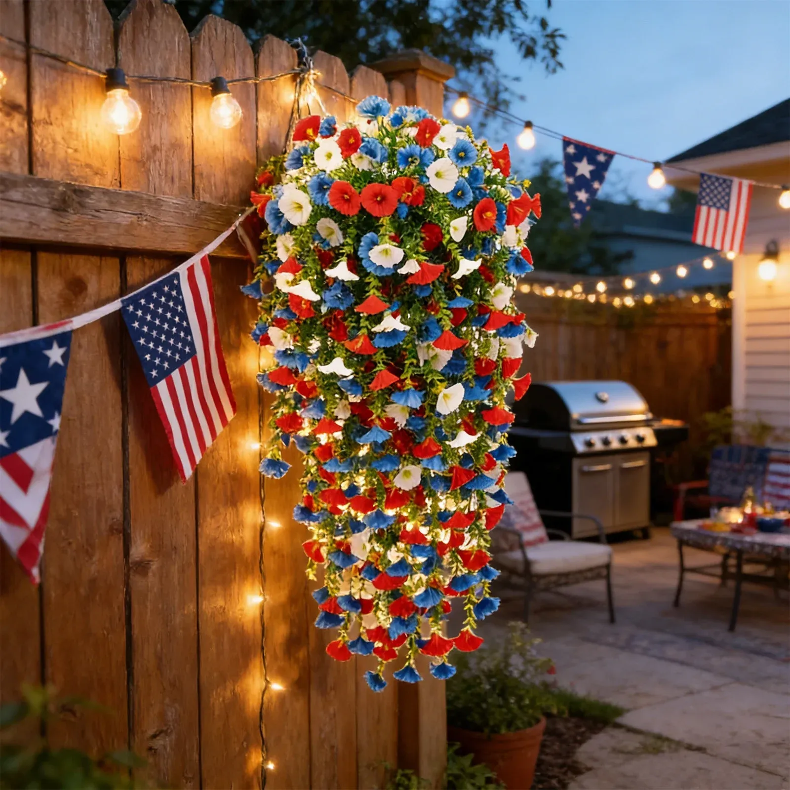 4th of July Hanging Flowers, Artificial Red White and Blue Morning Glory Basket for Patio, Porch and Outdoor Decor