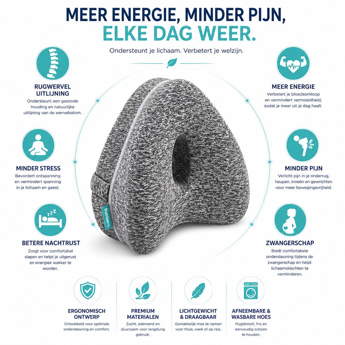 Orthopedic Knee Pillow with Strap, Side Sleeping Pillow for Bed, Ergonomic Leg Pillow, Hip Pain, Osteoarthritis, Posture Correction, Grey