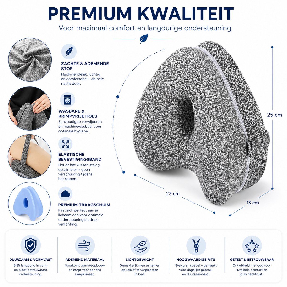 Orthopedic Knee Pillow with Strap, Side Sleeping Pillow for Bed, Ergonomic Leg Pillow, Hip Pain, Osteoarthritis, Posture Correction, Grey