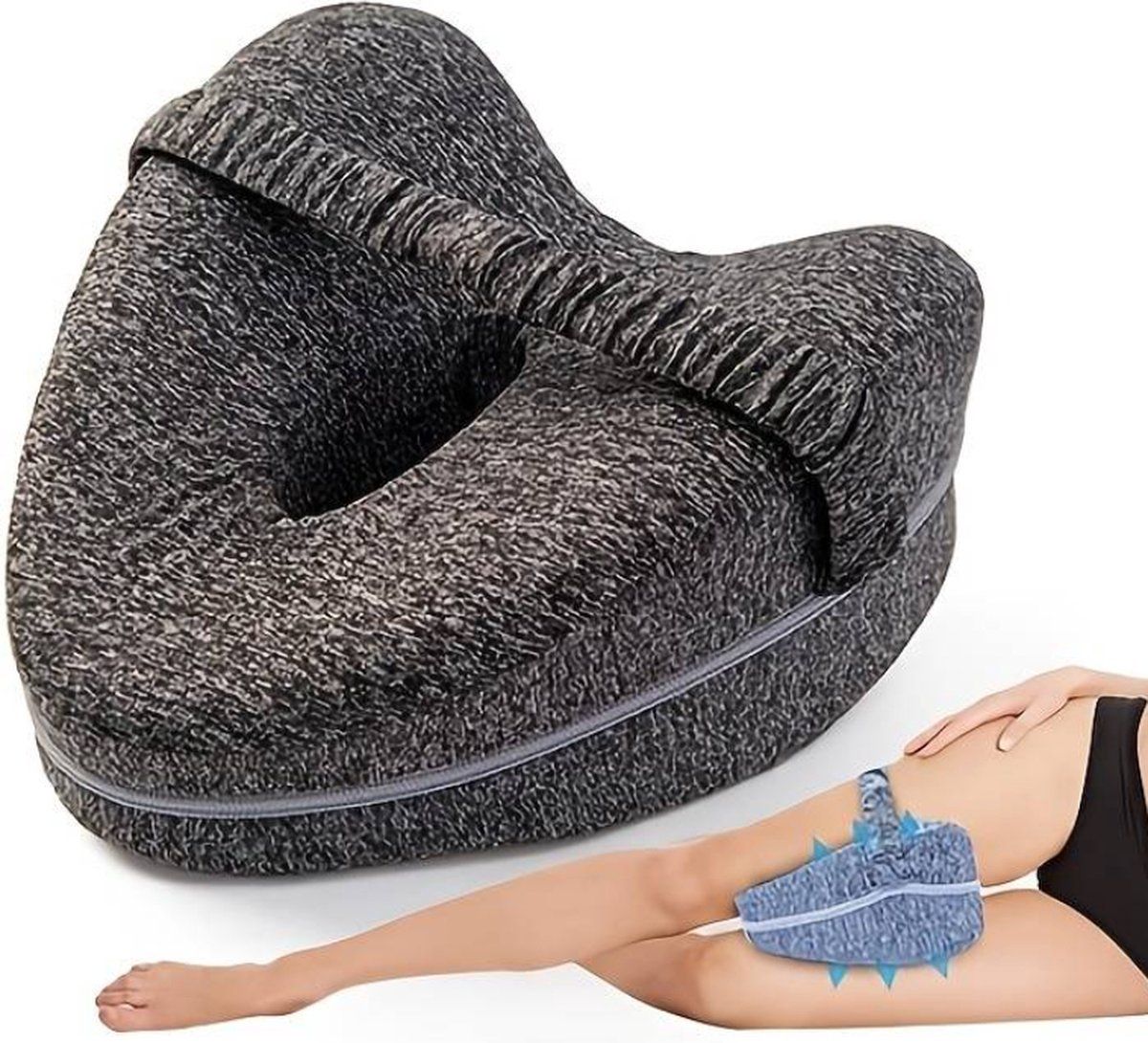 Orthopedic Knee Pillow with Strap, Side Sleeping Pillow for Bed, Ergonomic Leg Pillow, Hip Pain, Osteoarthritis, Posture Correction, Dark Grey