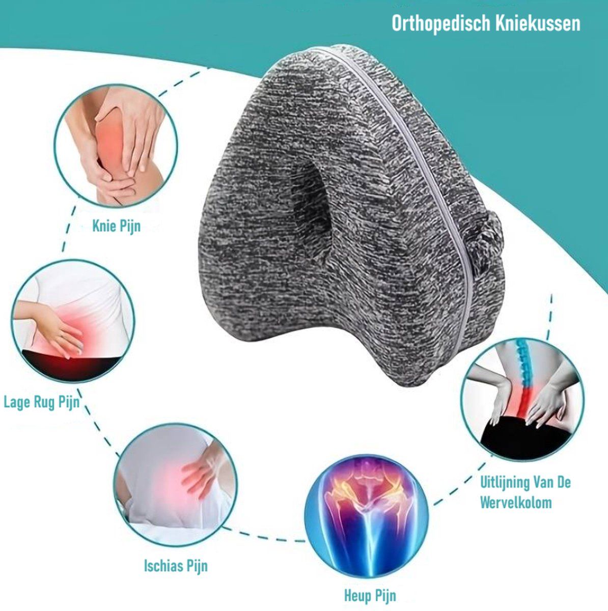 Orthopedic Knee Pillow with Strap, Side Sleeping Pillow for Bed, Ergonomic Leg Pillow, Hip Pain, Osteoarthritis, Posture Correction, Dark Grey