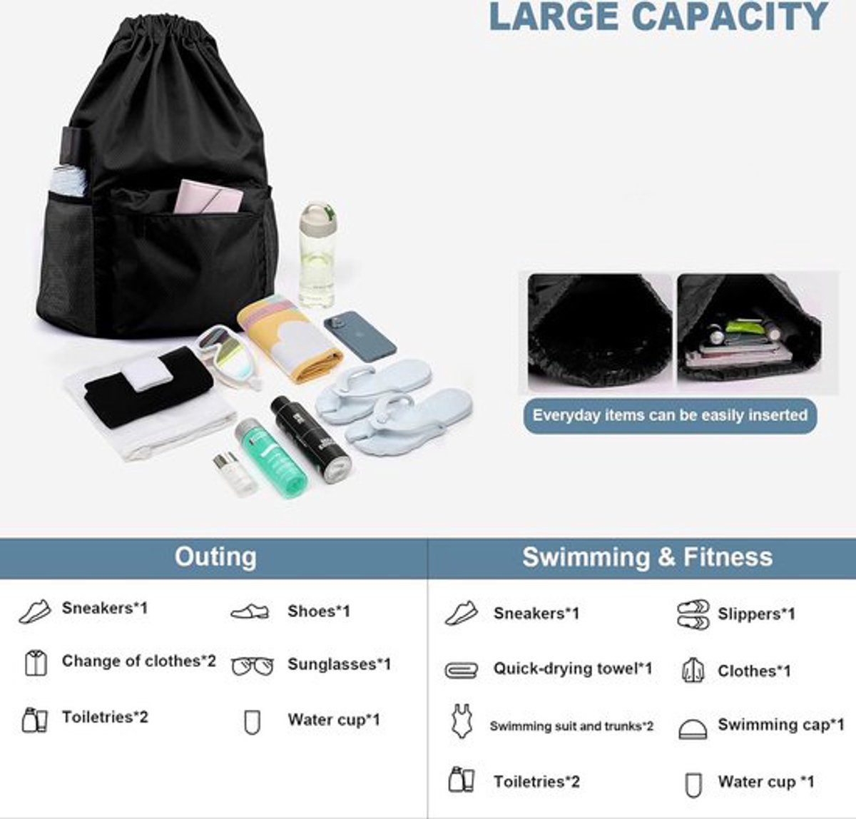 Waterproof Drawstring Gym Bag with Wet Dry Compartment, Lightweight Sports Backpack for Yoga, Dance and Travel, Black, Small, 41.9 cm