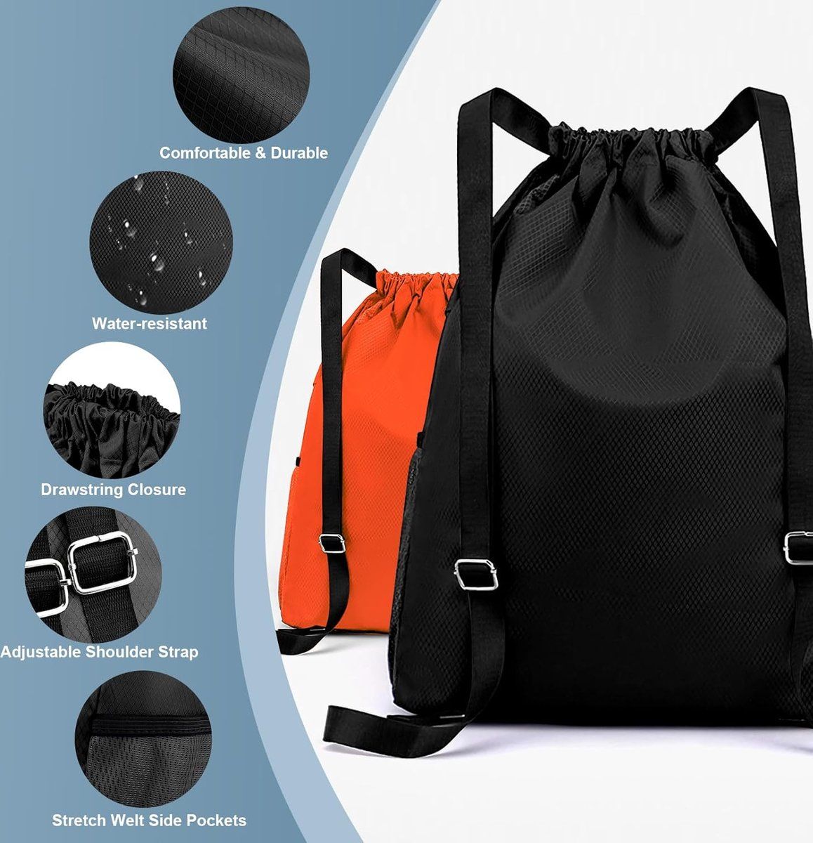 Waterproof Drawstring Gym Bag with Wet Dry Compartment, Lightweight Sports Backpack for Yoga, Dance and Travel, Black, Small, 41.9 cm