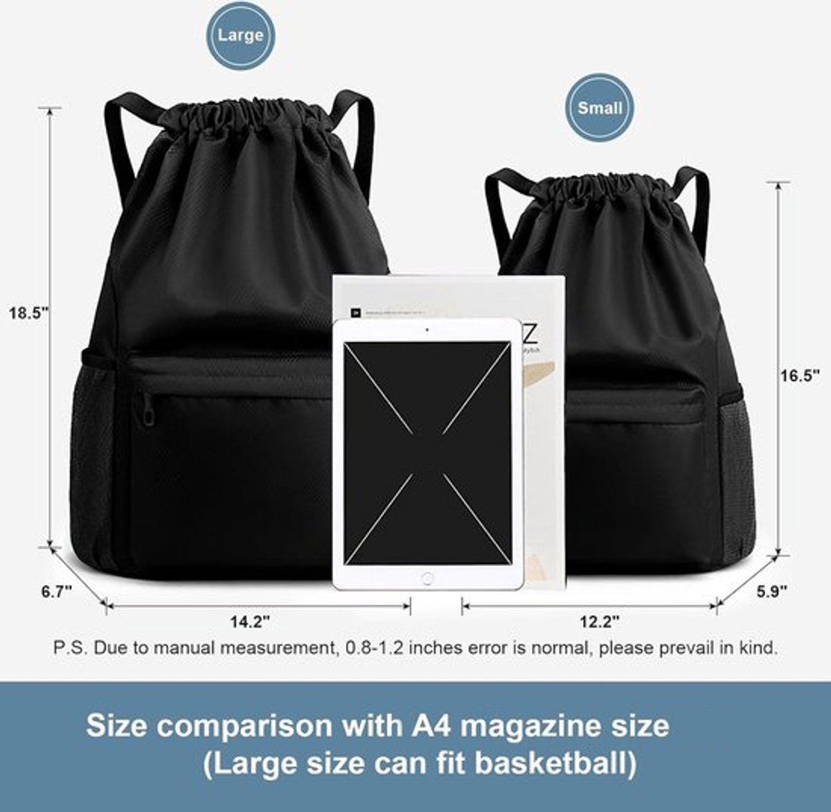 Waterproof Drawstring Gym Bag with Wet Dry Compartment, Lightweight Sports Backpack for Yoga, Dance and Travel, Black, Small, 41.9 cm