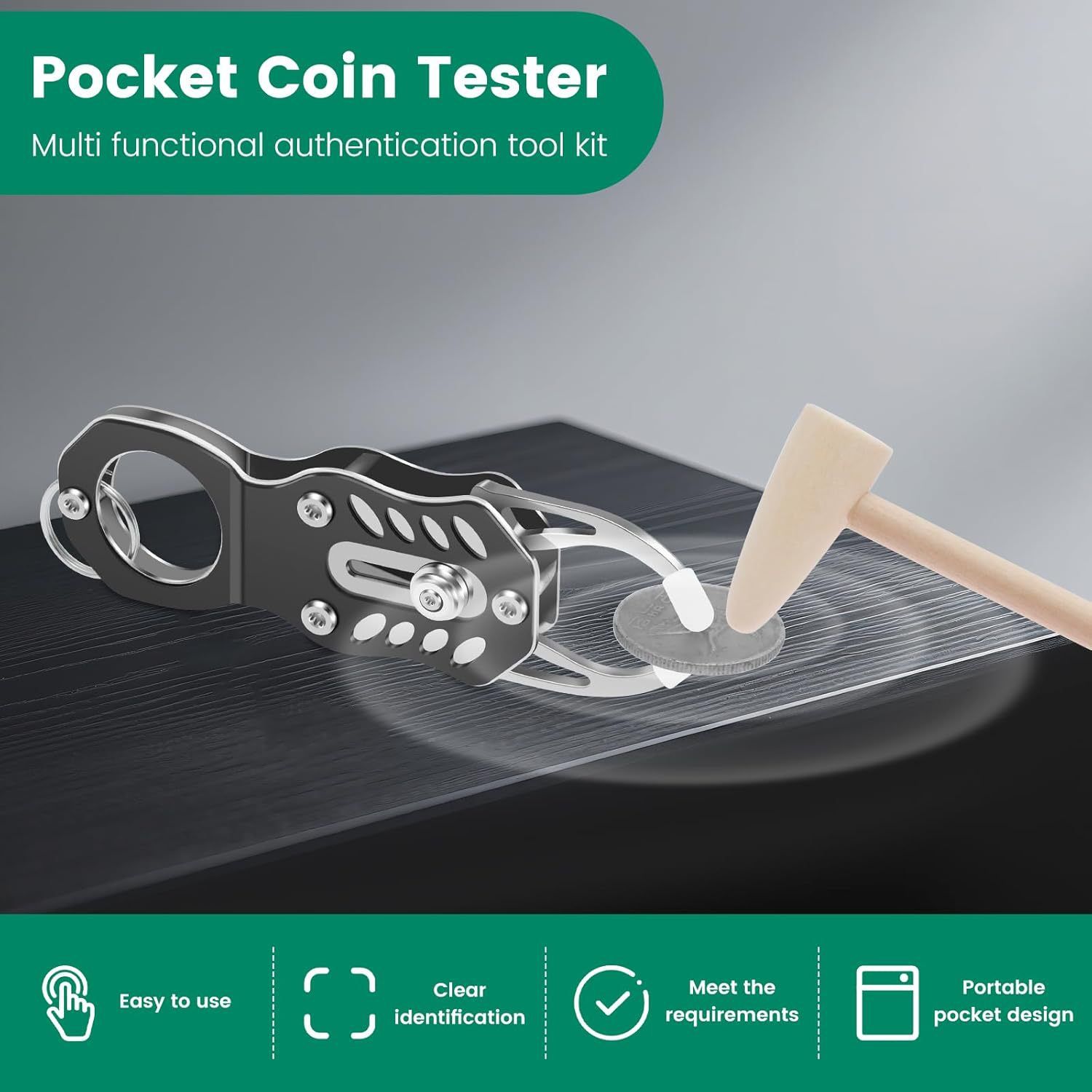 The Pocket Coin Tester Kit, Gold & Silver Coin Testing- Coin Validation via Ping Resonance Testing and Size Comparison, Portable Convenience & Technical Specifications Style.