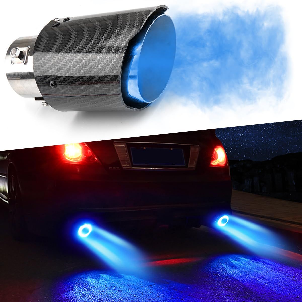 LED Exhaust Tip Tailpipe Tip Straight Carbon Fiber Style Bolt Clamp On for Cars LED Light Car Exhaust Muffler Tip Modification Luminous Tube (Blue-Straight Style)