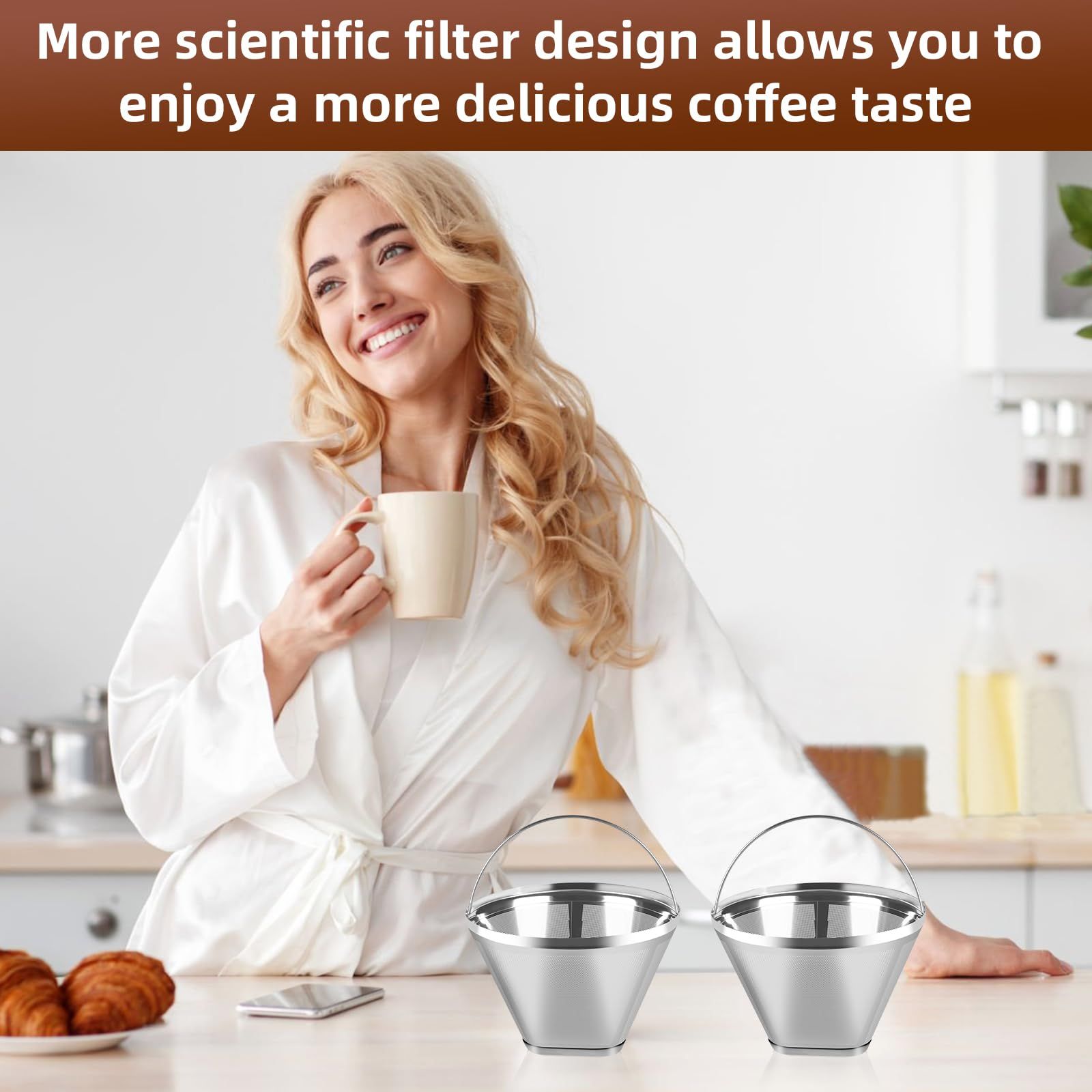 Reusable Cone Coffee Filters 304 Stainless Steel Coffee Filter，Filter Coffee Maker, 2Pcs Permanent Cone Filter