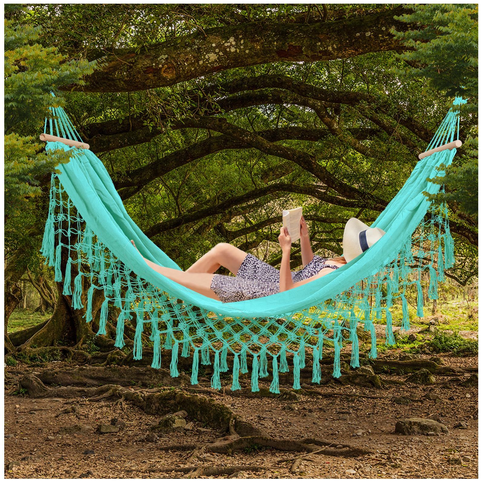 Beautiful Boho Style Hammock -Camping， Portable 2 Person Hammock, for Suitable for Backpacking, Patio, Beach, Backyard, Outdoor, Garden,Wedding Decor