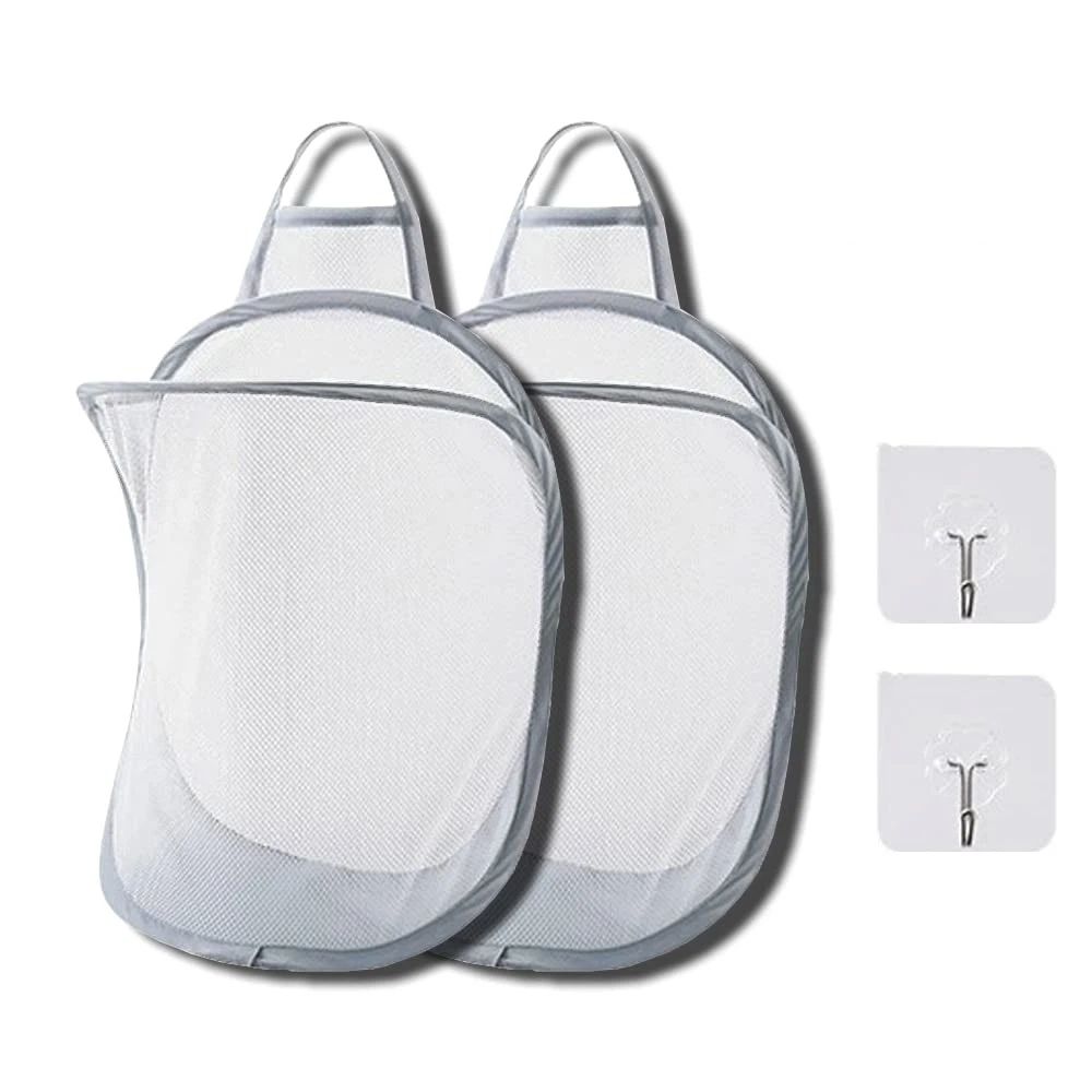 Mesh Collapsible Small Wall Laundry Baskets，Hanging Laundry Hamper，for Hotel, University Dormitory Use (Two gray ones including adhesive hooks)