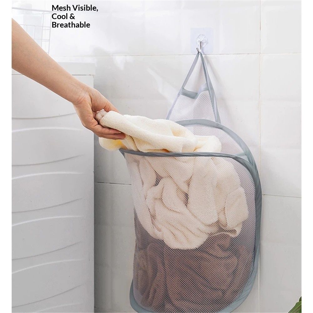 Mesh Collapsible Small Wall Laundry Baskets，Hanging Laundry Hamper，for Hotel, University Dormitory Use (Two gray ones including adhesive hooks)