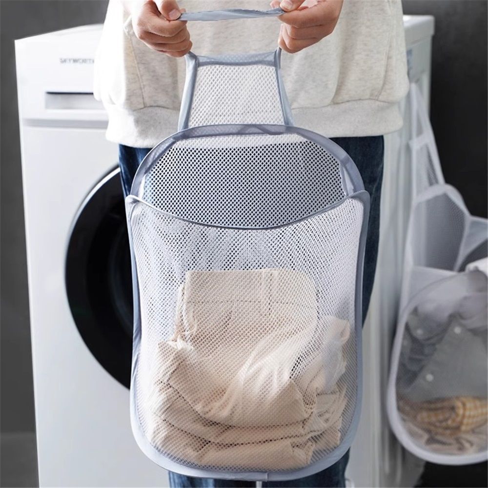Mesh Collapsible Small Wall Laundry Baskets，Hanging Laundry Hamper，for Hotel, University Dormitory Use (Two gray ones including adhesive hooks)