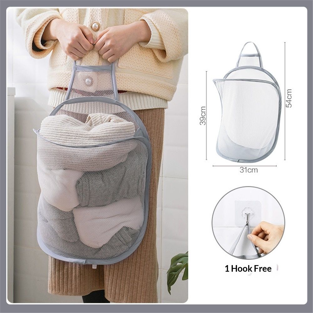 Mesh Collapsible Small Wall Laundry Baskets，Hanging Laundry Hamper，for Hotel, University Dormitory Use (Two gray ones including adhesive hooks)