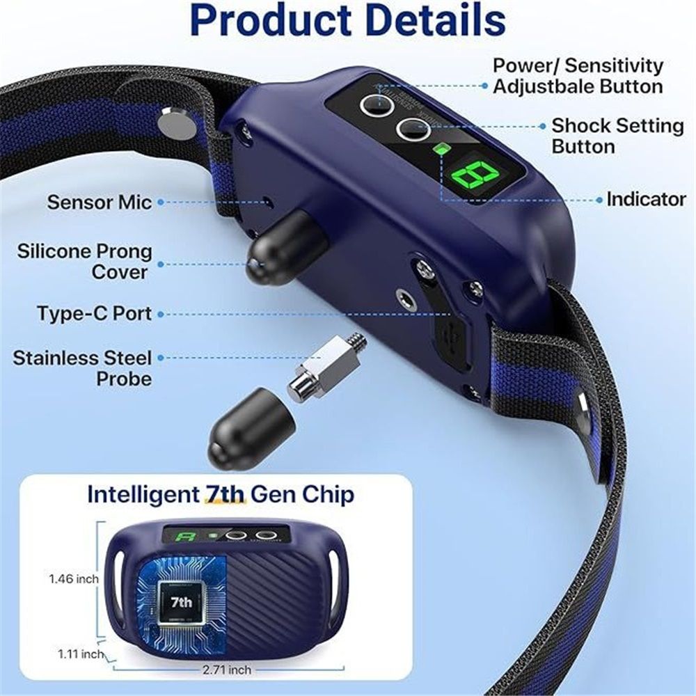 Dog Bark Collar for Large Medium Dogs,Automatic Barking Collar with 3 Training Mode,Rechargeable Anti Bark Collar （blue）