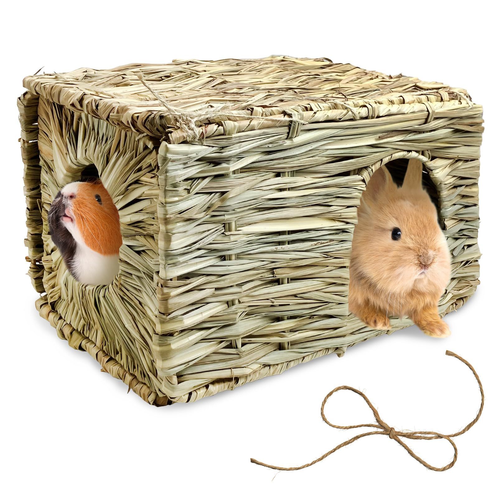 Rabbit Grass House - Natural Hand Woven Seagrass Play Hay Bed, Hideaway Hut Toy for Bunny Hamster Guinea Pig Chinchilla Ferret