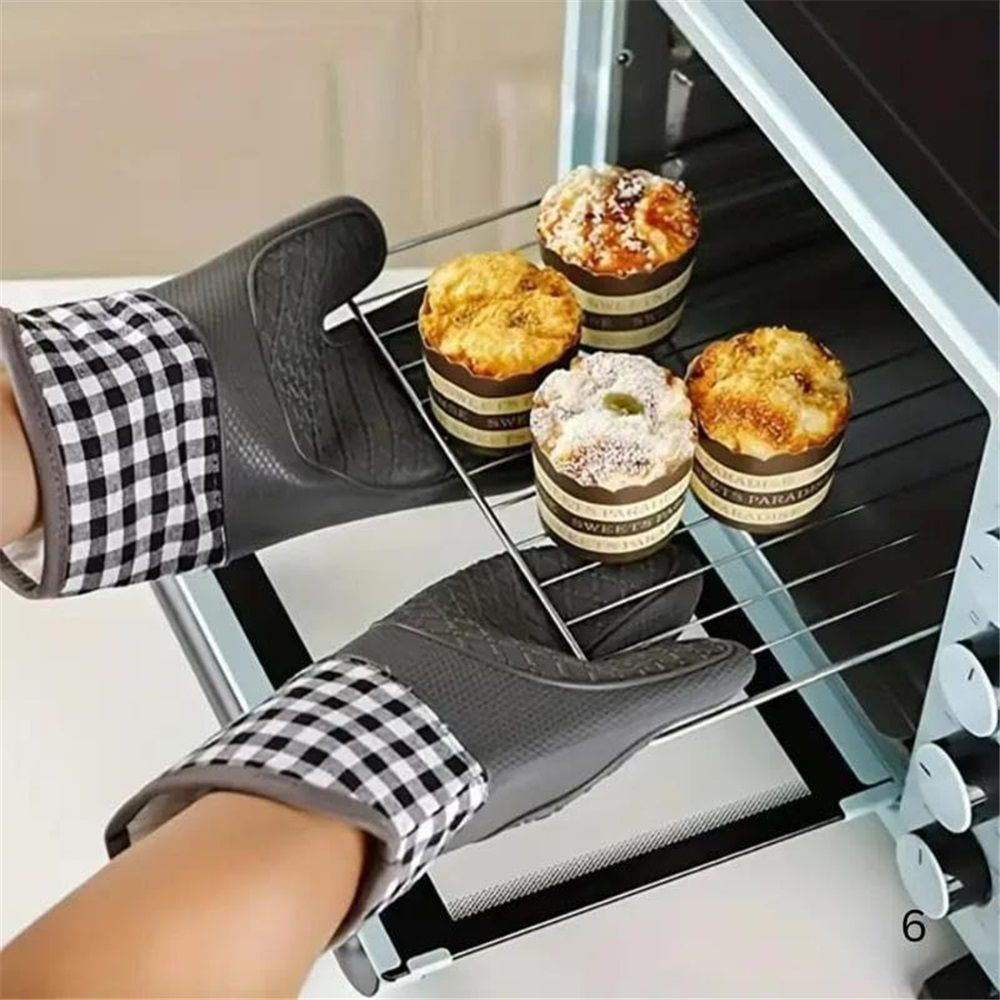 1 pair Soft Silicone Oven Mitts, Heat Resistant and Waterproof Cooking Gloves, Thick Cotton Lining, Flexible Gripping for Baking Grilling, Kitchen Potholders,29cm*18.5cm, Gray