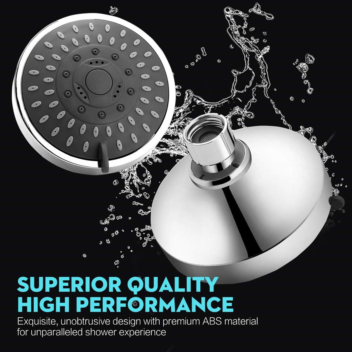 High Pressure Shower Head 5 Settings Fixed Showerhead 4 Inch High Flow Bathroom Showerhead with Adjustable Brass Ball Joint