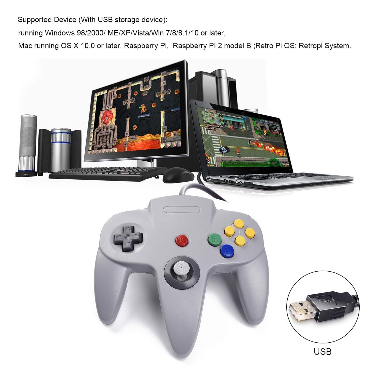 2 Pack USB Wired N64 Controller, suily Classic N64 PC Gamepad Joystick Controller for PC MAC Pi 3 (Black/Gray)