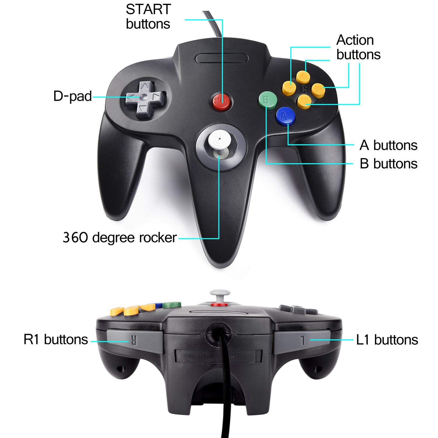 2 Pack USB Wired N64 Controller, suily Classic N64 PC Gamepad Joystick Controller for PC MAC Pi 3 (Black/Gray)