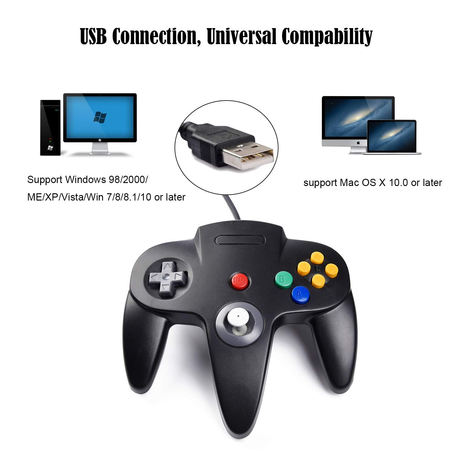 2 Pack USB Wired N64 Controller, suily Classic N64 PC Gamepad Joystick Controller for PC MAC Pi 3 (Black/Gray)