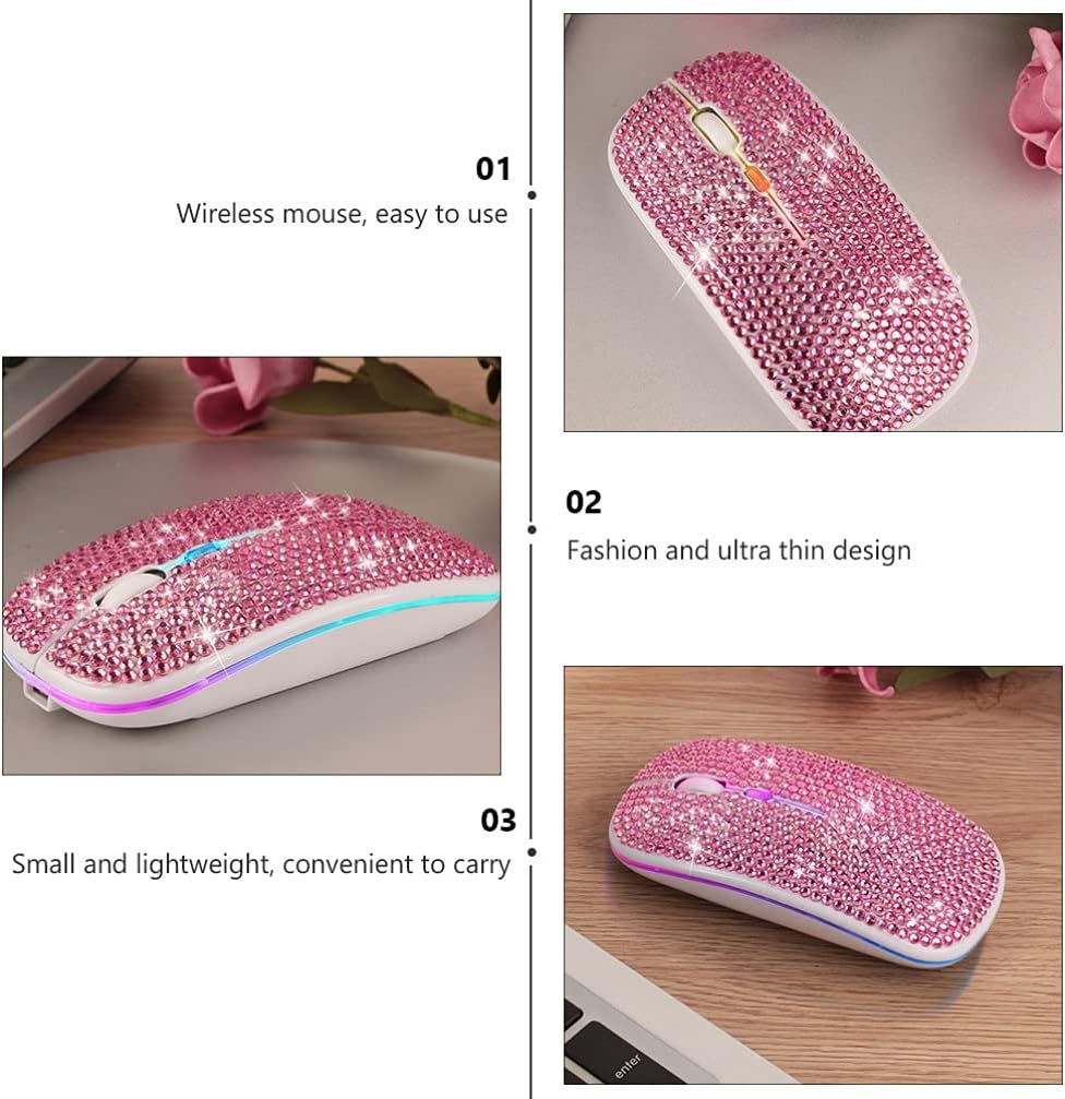 Mouse, 2. 4GHz Rechargeable Mouse Bling Dazzling Diamond Mouse Computer Mice, Compatible with Computer, PC, Laptop, Pink