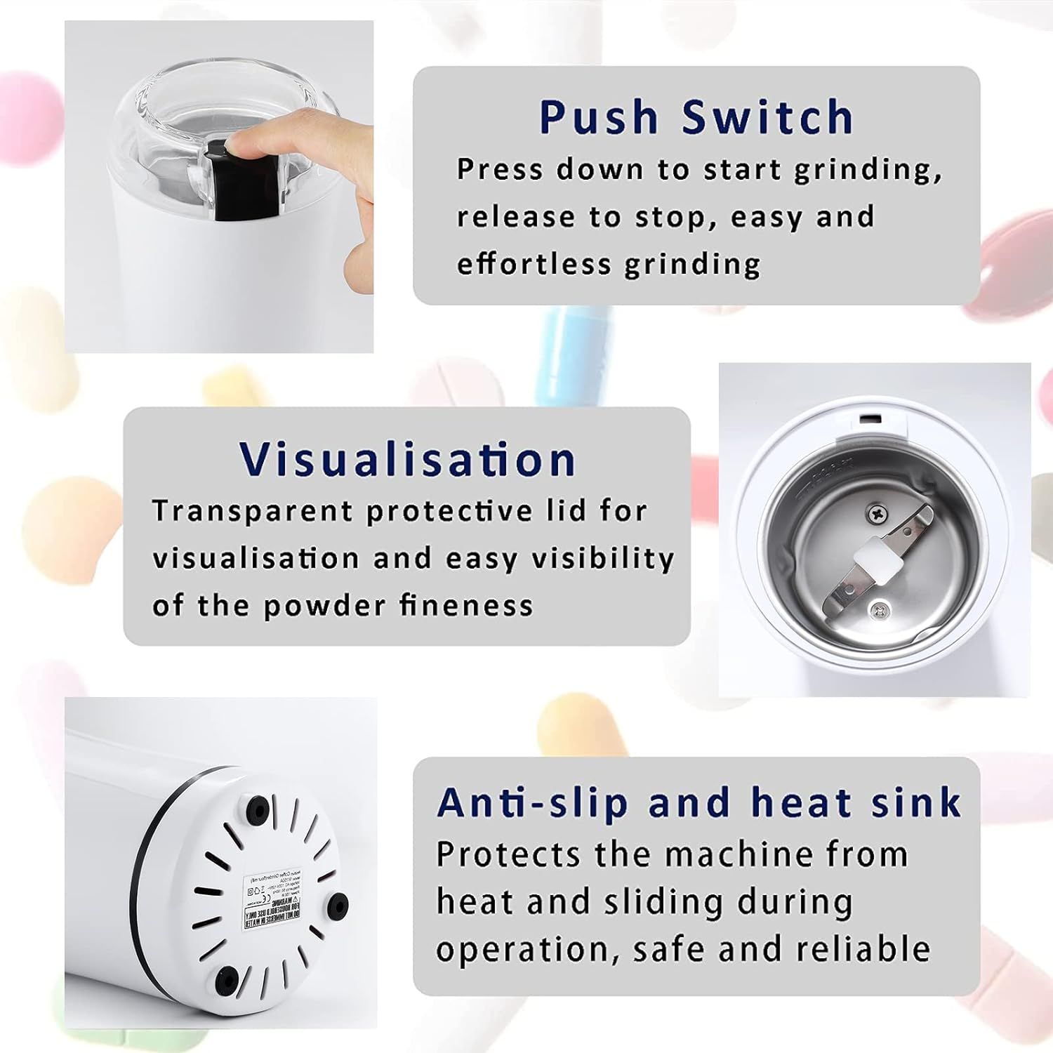Multifunctional Electric Pill Crusher Grinder- Grind The Coffee Beans Tablets of Different Sizes into Fine Powder(White)