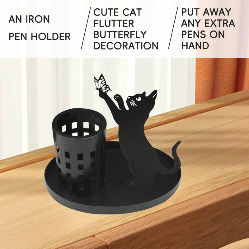 Cat Pen Holder for Desk Cute Black Cat Pencil Holder Metal Cat Desk Accessories Desk Organizer Cat Makeup Brush Pen Cups