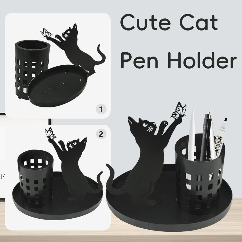Cat Pen Holder for Desk Cute Black Cat Pencil Holder Metal Cat Desk Accessories Desk Organizer Cat Makeup Brush Pen Cups