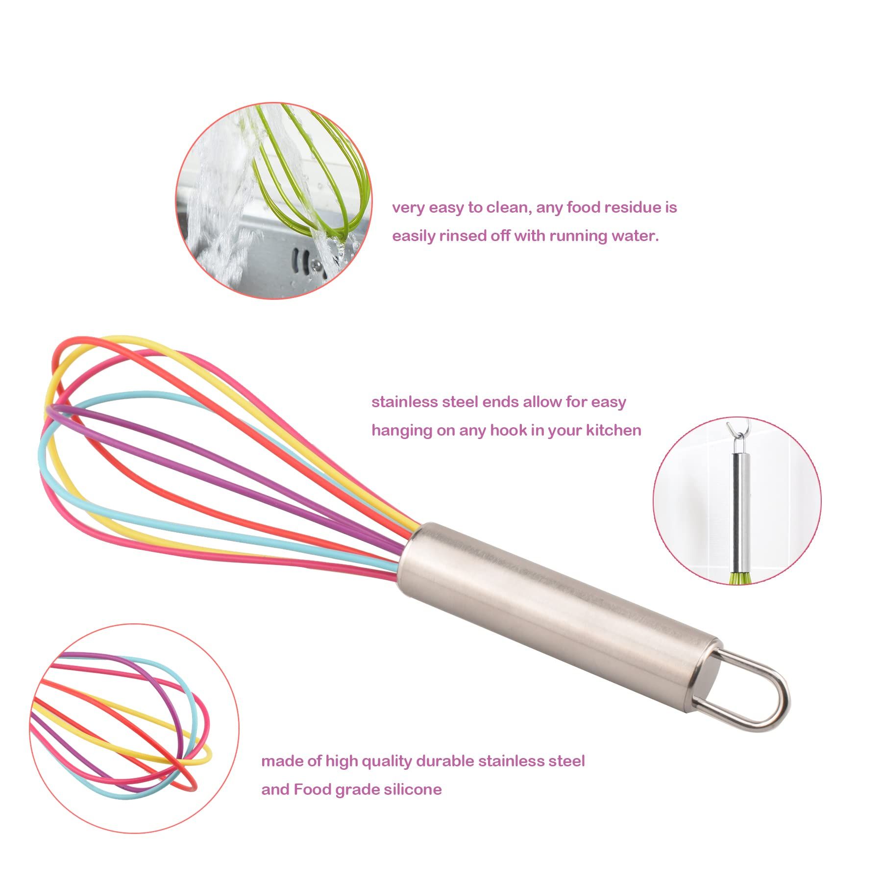 Set Handle Stainless Steel Silicone Non-Stick Balloon Wire Whisk for Egg Beater Stirring Blending and Whisking (3 Pack, 8" 10" 12")
