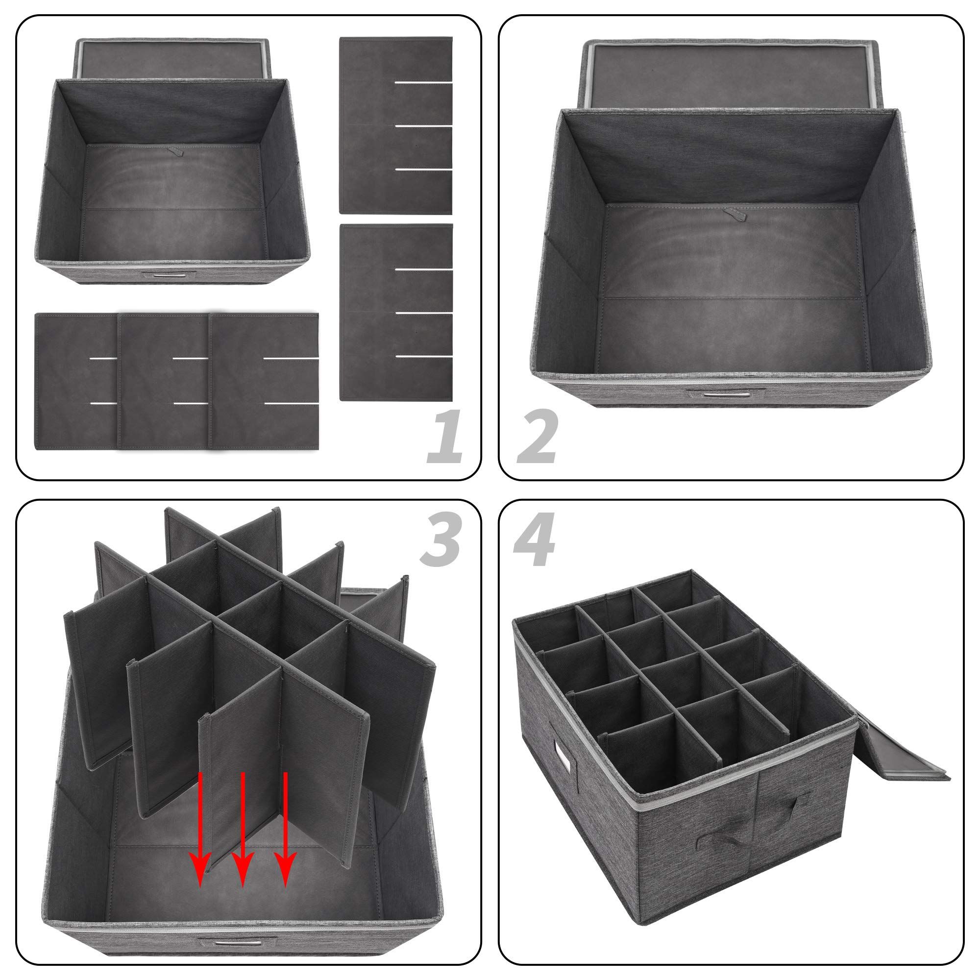 Storage Cases, Wine Glass Storage Box Containers for Glassware or Crystal, Holds 12 Wine Glasses, Hard Top and Sides (Grey)