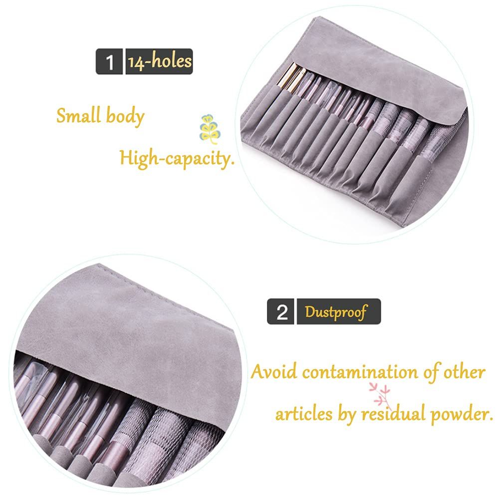 14 Pockets Makeup Brush Travel Rolling Case Gray Waterproof Cosmetic Travel Bag Brushes Pouch Holder, NO BRUSHES.