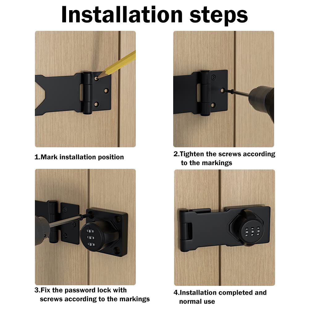 Mechanical Password Rotary Hasp Locks, Door Security Slide Latch Lock for Small Doors, Cabinets, Barn Door,Garden (Black)