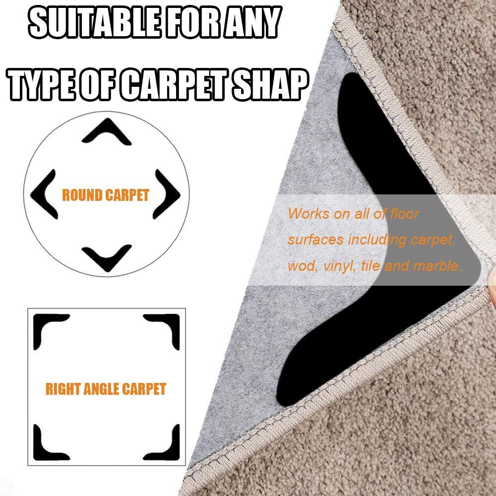 Rug Grippers with Super Stickiness- Anti Curling Carpet Tape Non-Slip Area Keeps Your Rug in Place and Makes Renewable 8pcs（Black）