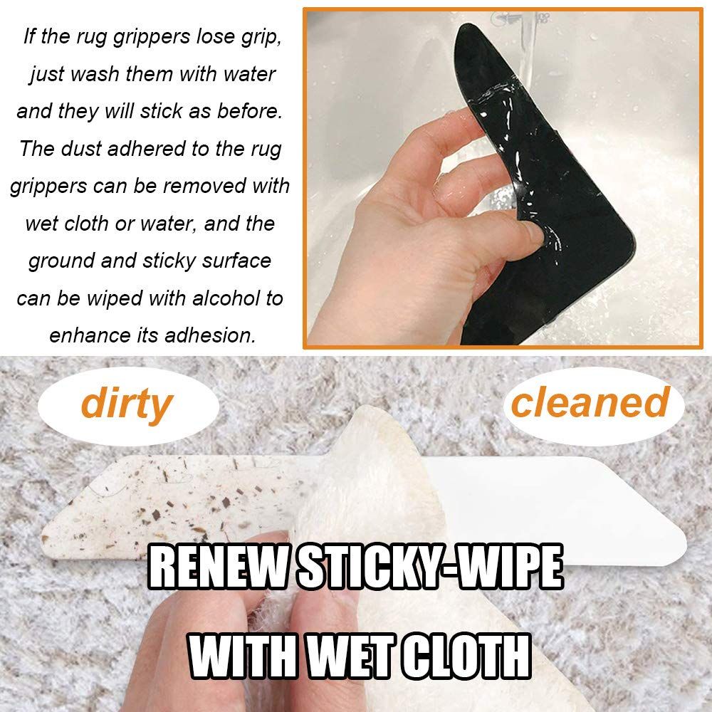 Rug Grippers with Super Stickiness- Anti Curling Carpet Tape Non-Slip Area Keeps Your Rug in Place and Makes Renewable 8pcs（Black）