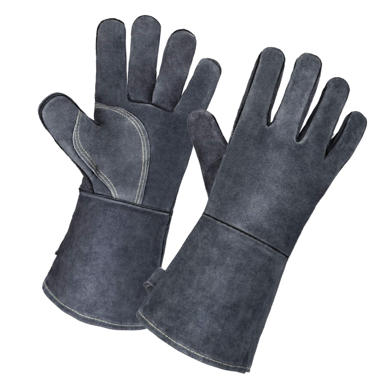 Welding Gloves 14-inch Heat Resistant Leather Grill BBQ Glove with Flame Retardant Long Sleeve and Insulated Lining