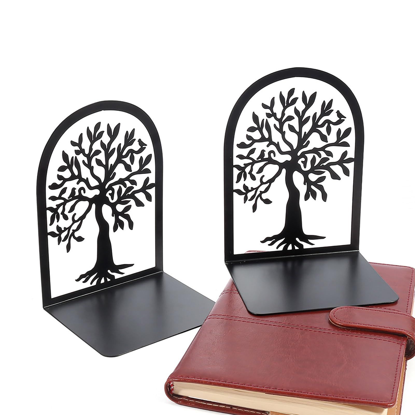 2 Pcs Bookends Creative Tree Pattern Black Metal Book Ends Durable Sturdy Iron Bookstand for Home School Office