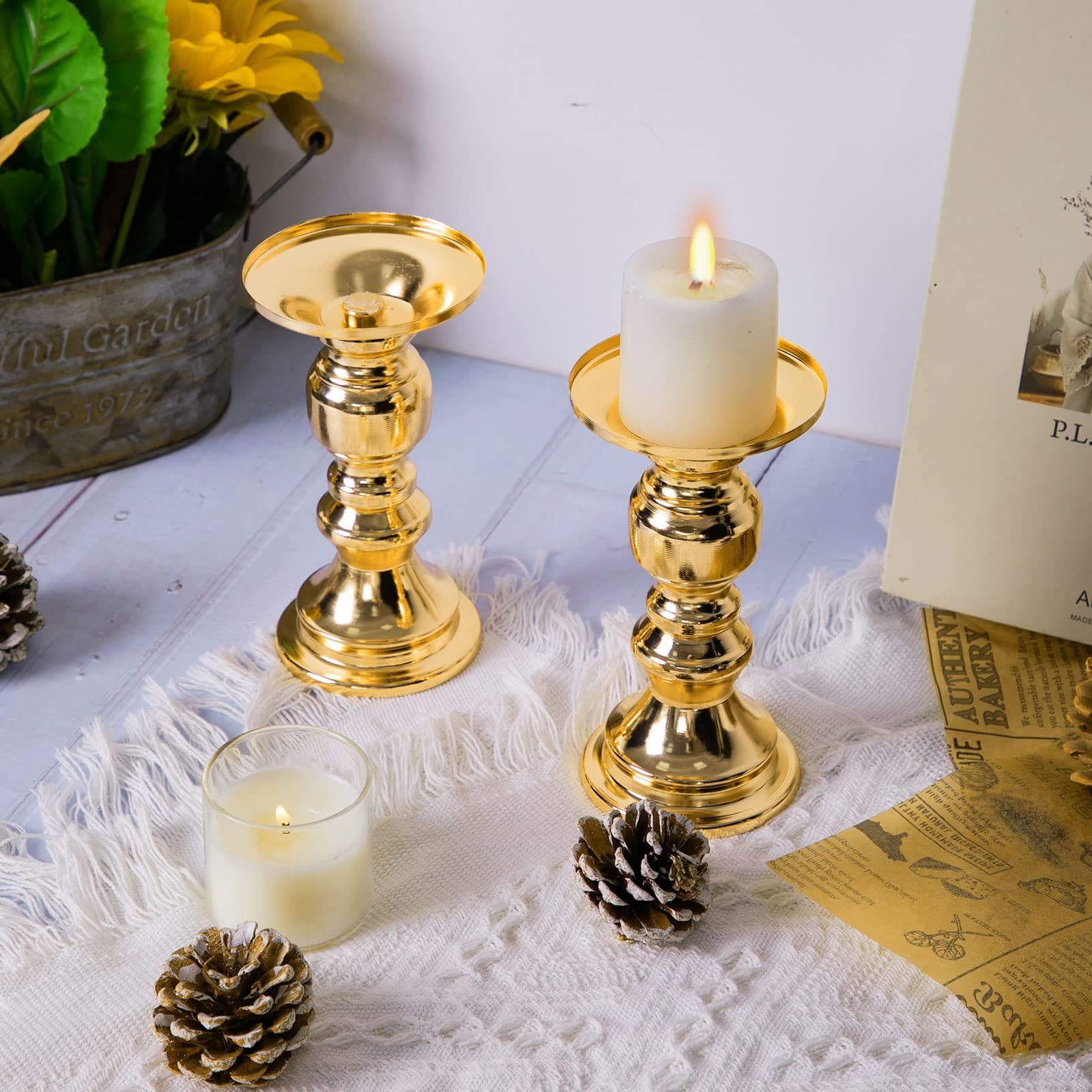 2 Pieces Wedding Gold Pillar Candle Holders Metal Candlestick Holder Tall Candle Stands for Pillar Candles Gold Pillar Candlesticks