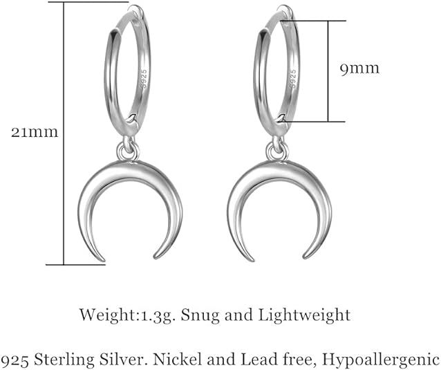 Dangle Earrings for Women, Small Hoop Earring with Charm - Moon Star, Spike, Evil Eye, Sterling（2 pcs）