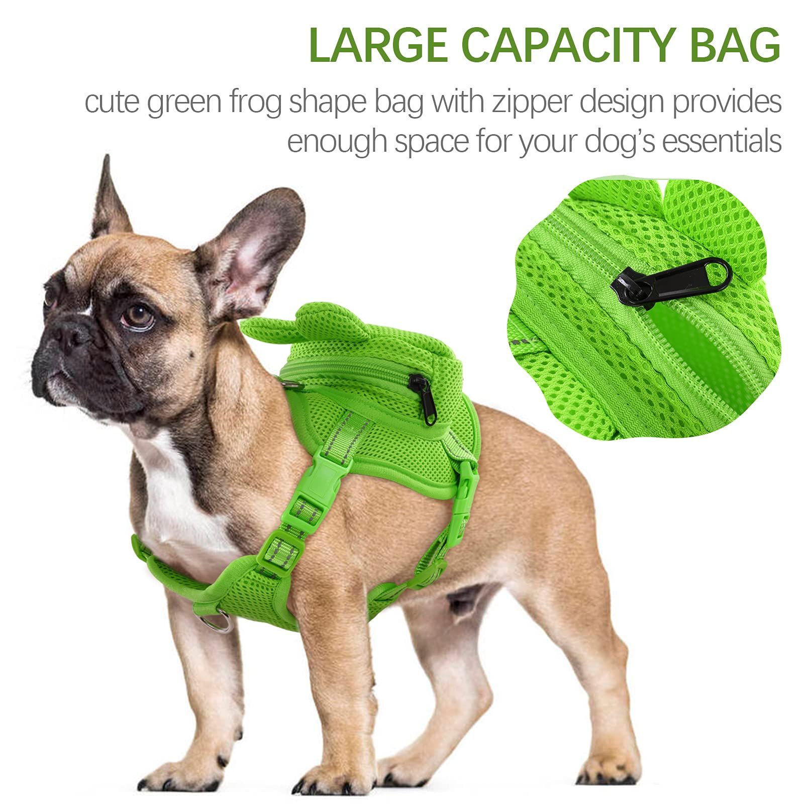 Dog Backpack No-Pull Pet Harness Vest with Saddle Bag Backpack, Cute Frog Shape , Adjustable Puppy Mesh Bag Vest with D-Ring（S）