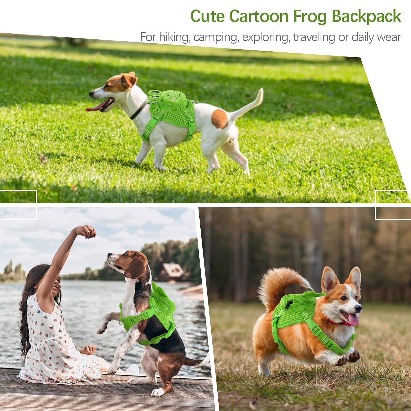 Dog Backpack No-Pull Pet Harness Vest with Saddle Bag Backpack, Cute Frog Shape , Adjustable Puppy Mesh Bag Vest with D-Ring（S）