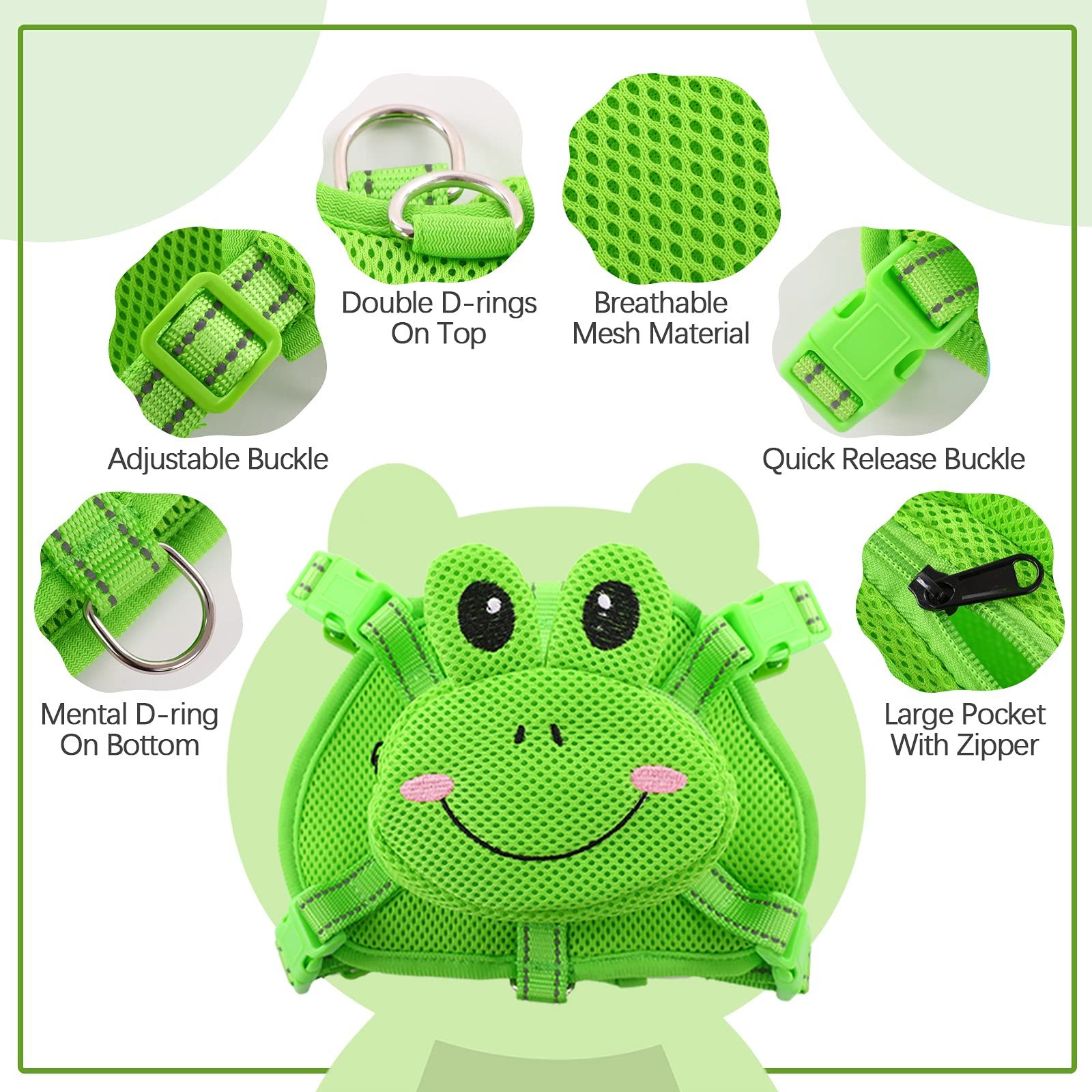 Dog Backpack No-Pull Pet Harness Vest with Saddle Bag Backpack, Cute Frog Shape , Adjustable Puppy Mesh Bag Vest with D-Ring（S）
