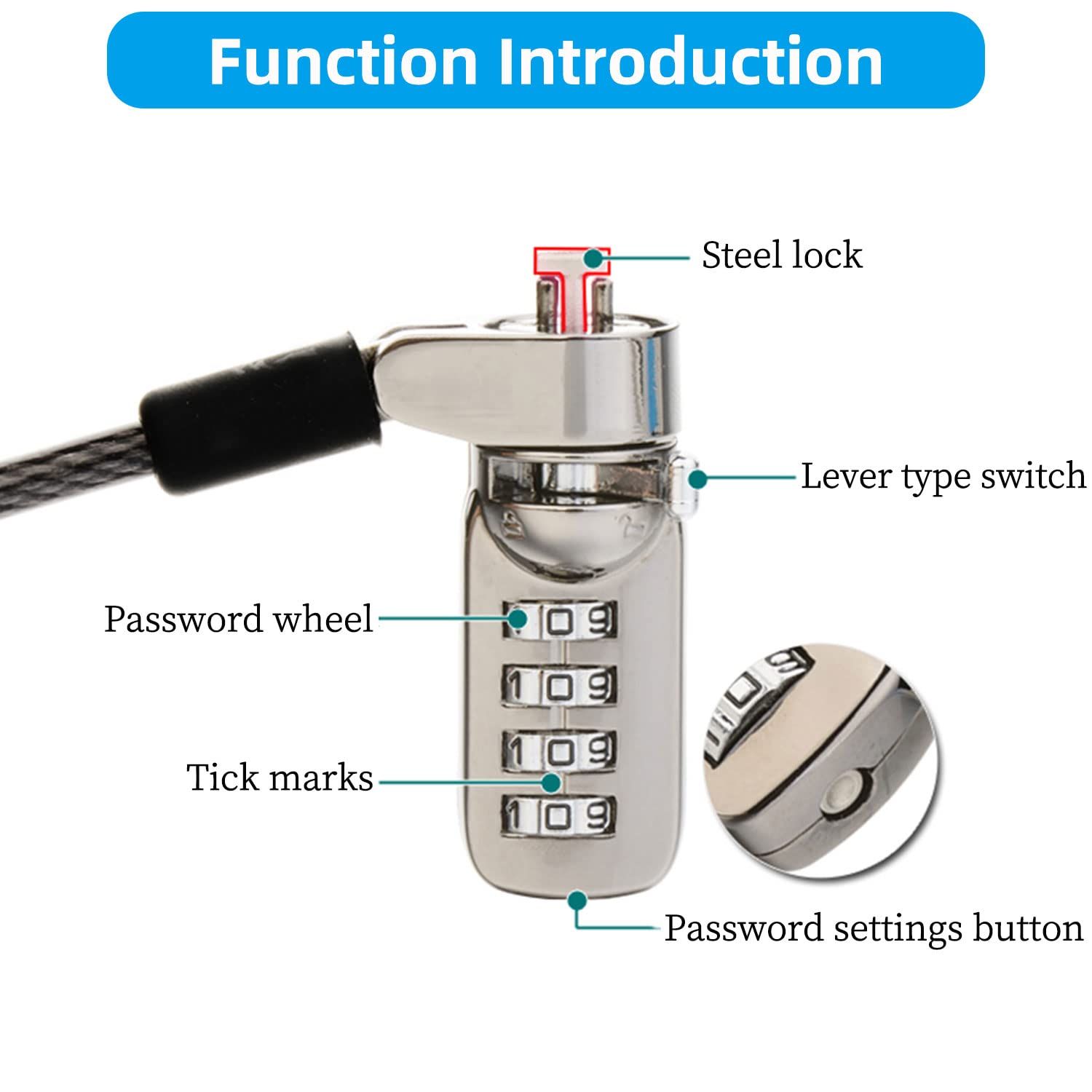 Laptop Lock Security Cable with 4-Digit Combination Protections and Theft Deterrent for PC/Laptops, Tablets, or Other Computer