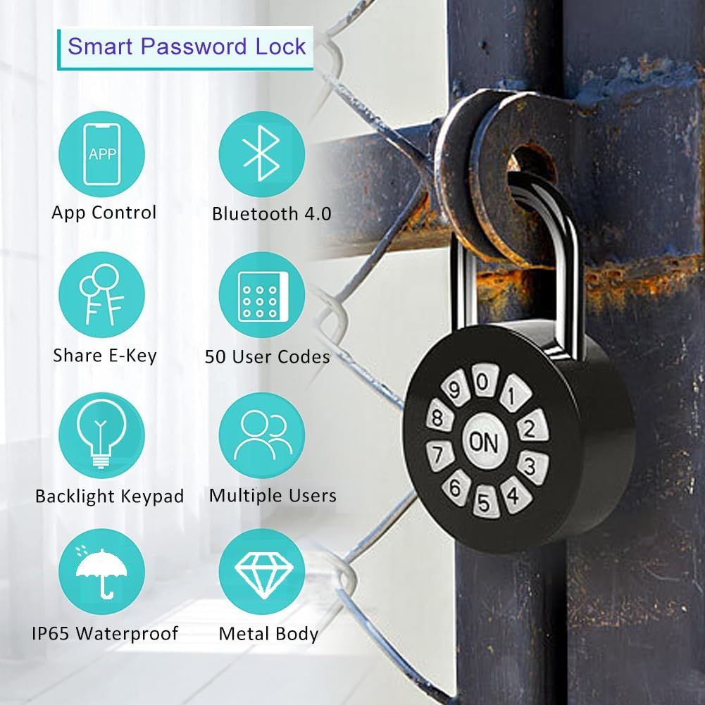 Smart Password Padlock - Password/Phone APP Control(iOS/Android) Padlock - Access Lock via Bluetooth & Pin Codes- Lock Your Gate