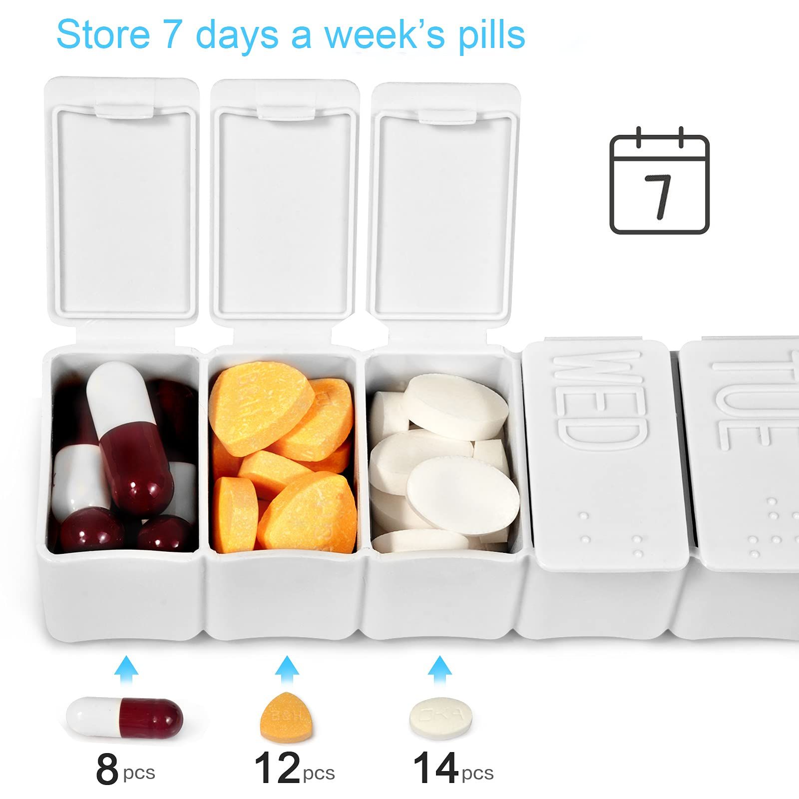 2pcs Pill Organizer-Pill Boxes for Travel, 7 Day with Braille Pill case Vitamins Fish Oil Supplements, Medication Organizer Dispenser (Beige)