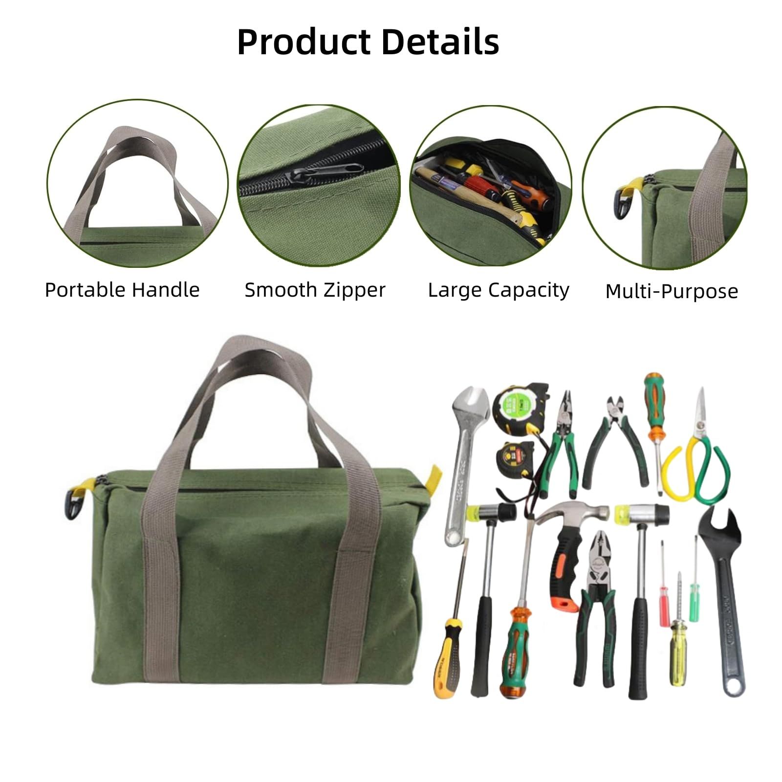 12 Inch Canvas Tool Bag, Wide Mouth Tool Bag, Large Capacity Tool Storage , for Storage Wrenches Pliers Tools (Green - 12 inch)