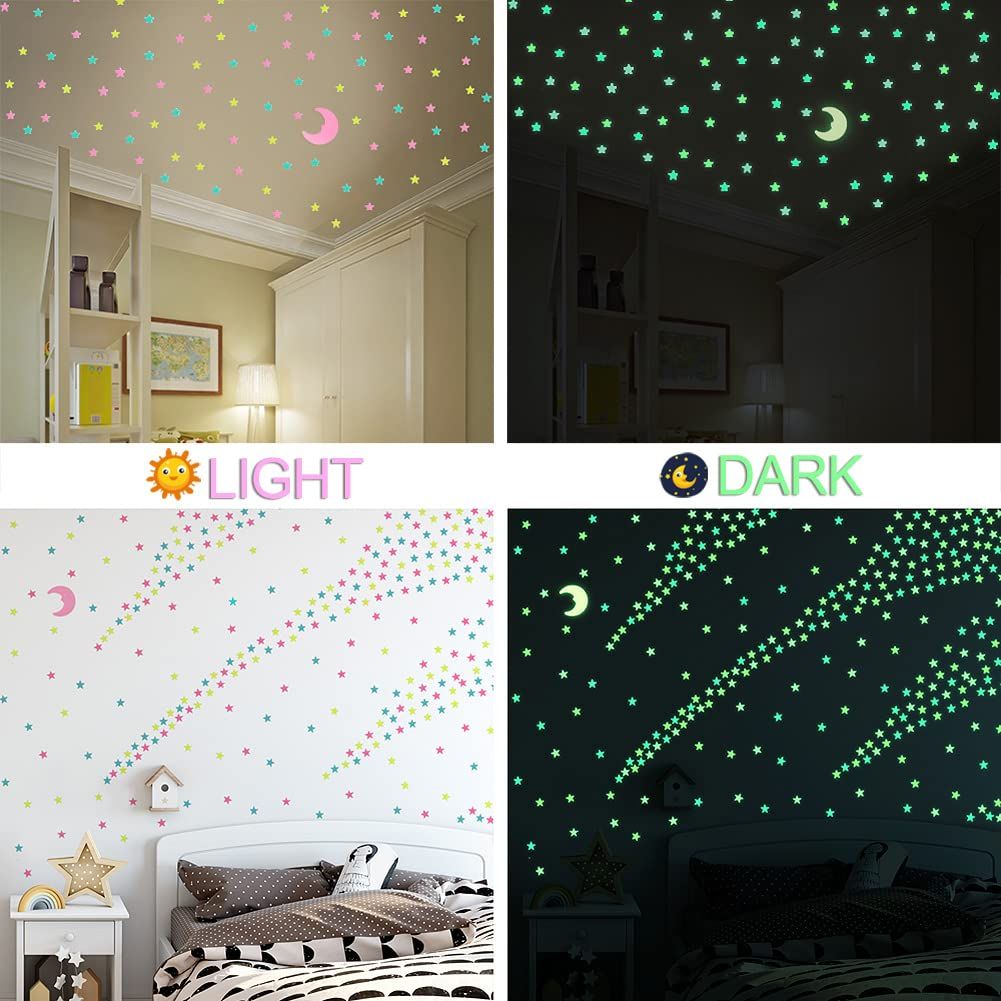 100 Pcs Colorful Glow in The Dark Luminous Stars Fluorescent Noctilucent Plastic Wall Stickers Murals Decals for Home Art Decor