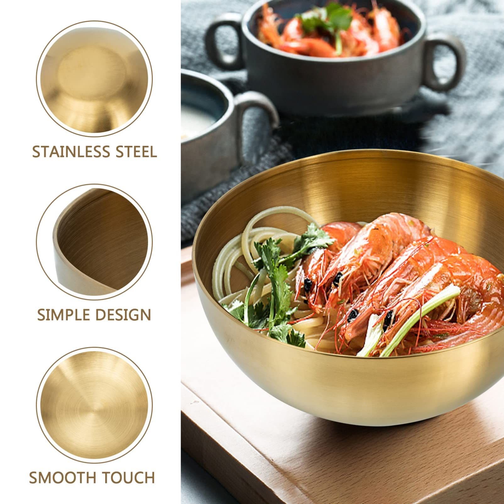 Stainless Steel Salad Bowl Large Capacity 6 Inch Golden Nesting Serving Bowl