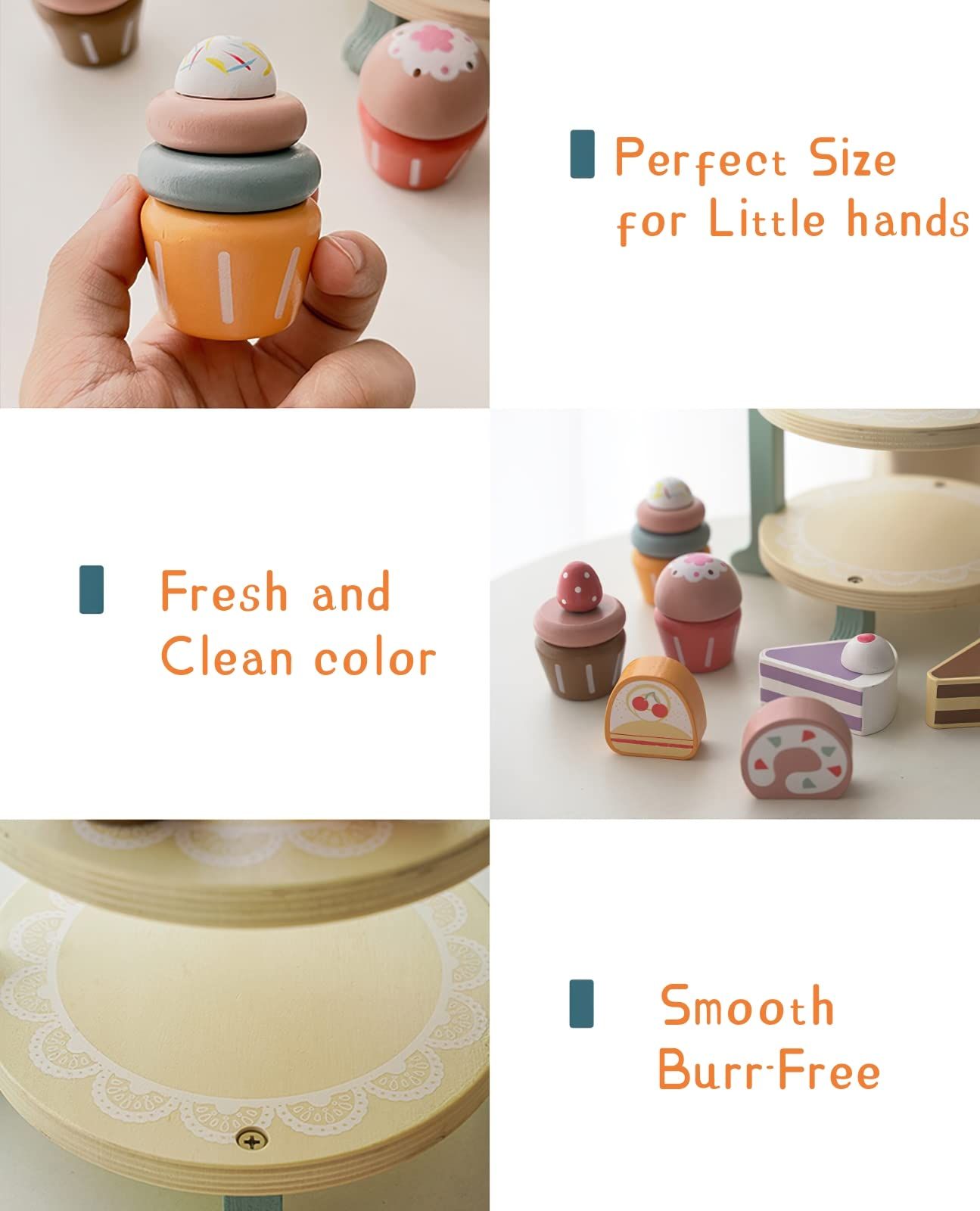 Wooden Cake Toys Tea Party Set, Desserts Food Toy with Cupcake Stand, Kids Pretend Play Kitchen Accessories, Wooden Play Food